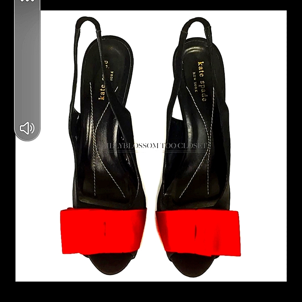 Kate Spade Heals with Red Ribbon on top.
